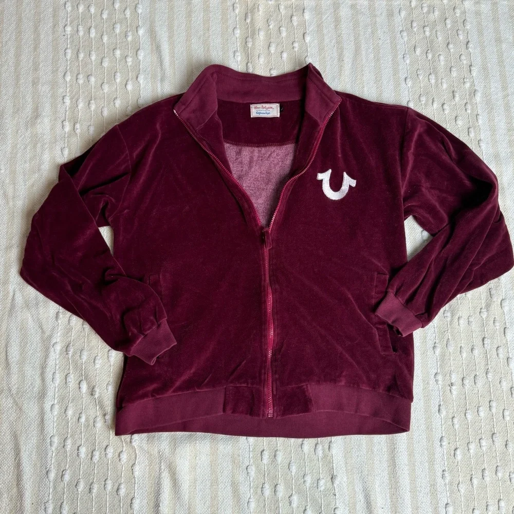 True Religion unisex burgundy velour zip up collared sweatshirt size large - Picture 1 of 8